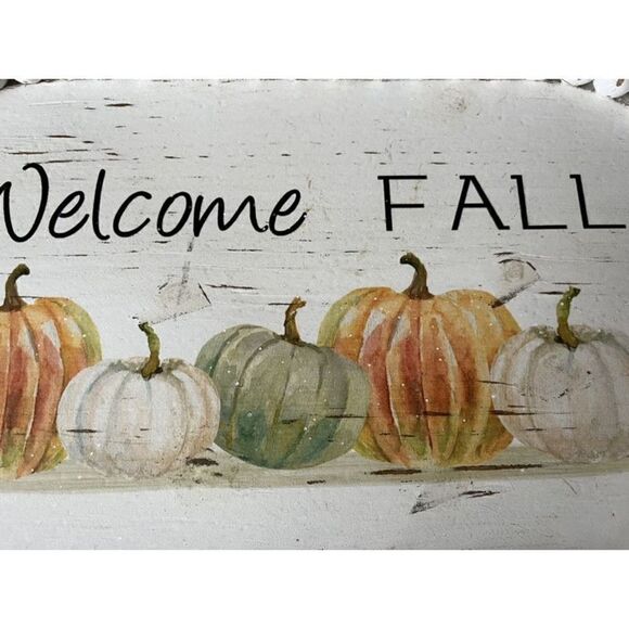 Welcome Fall Double Handled Chippy Wooden Tray 20” L Pumpkins - Picture 3 of 10